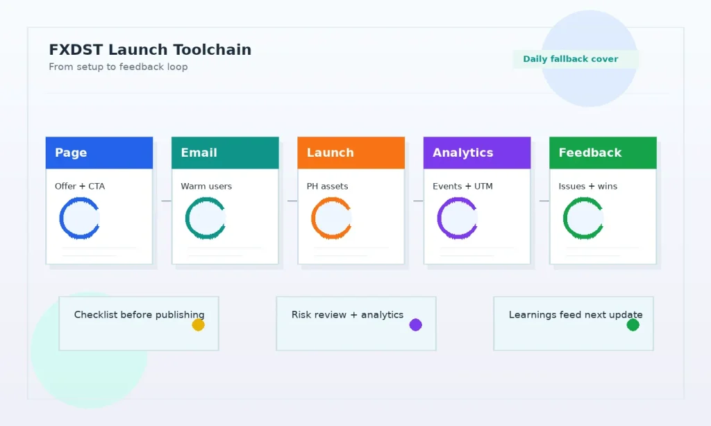 Product Hunt 发布前要准备哪些工具:页面、邮件、分析和反馈闭环的工具链流程示意图