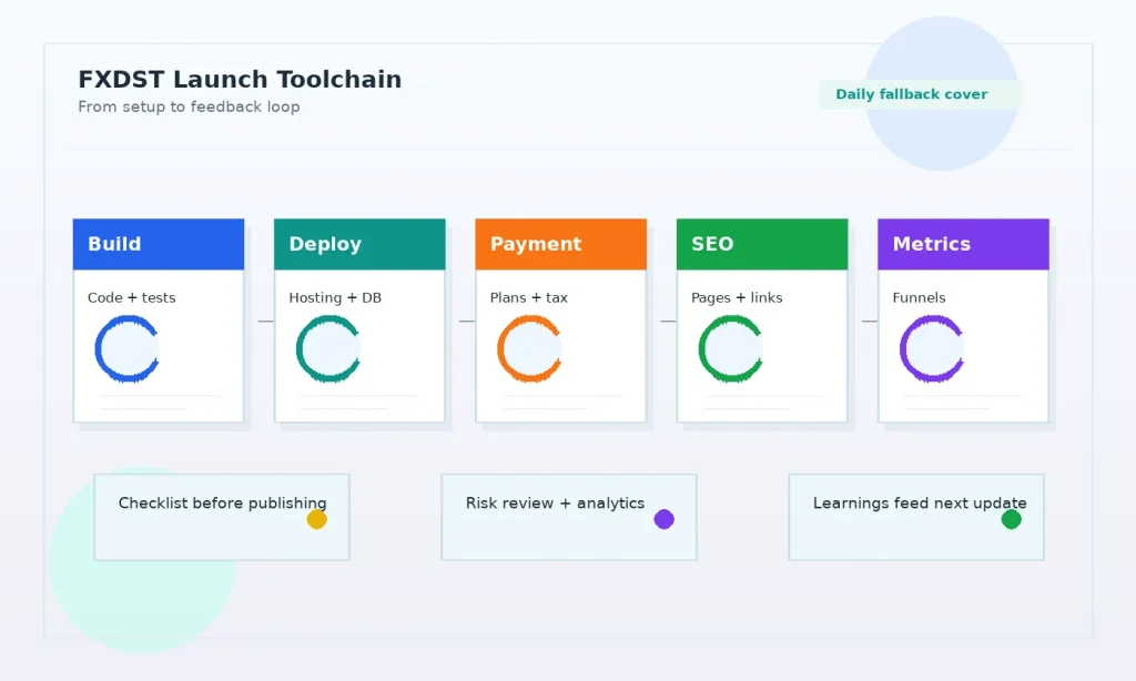 独立开发者 AI SaaS 日常运营工具链怎么搭:从开发到增长的实用清单的工具链流程示意图