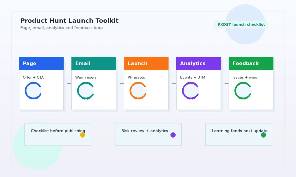 Product Hunt 发布前页面、邮件、分析和反馈闭环工具链流程图